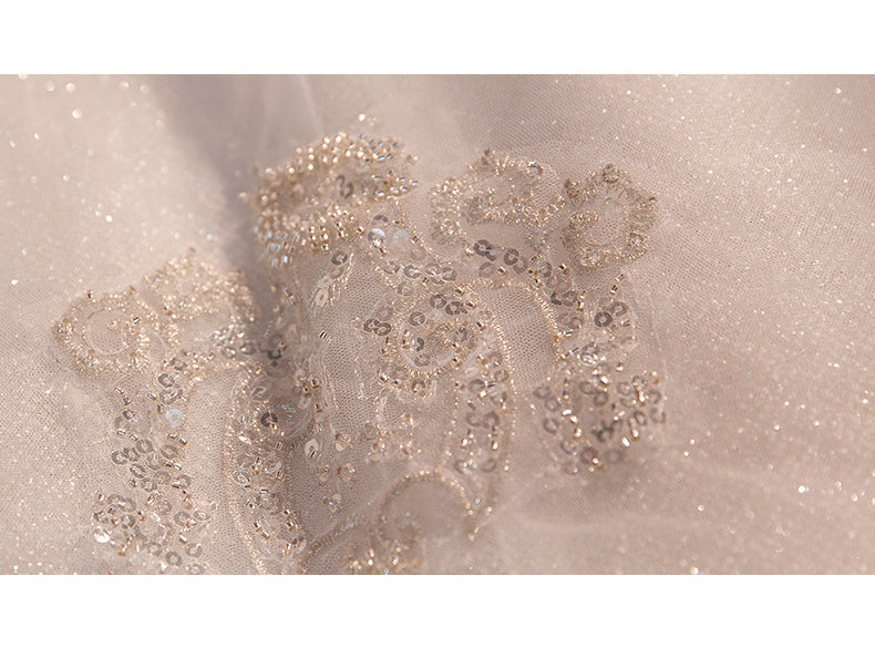 Beaded bridal dress fabric with lace appliques on sheer mesh