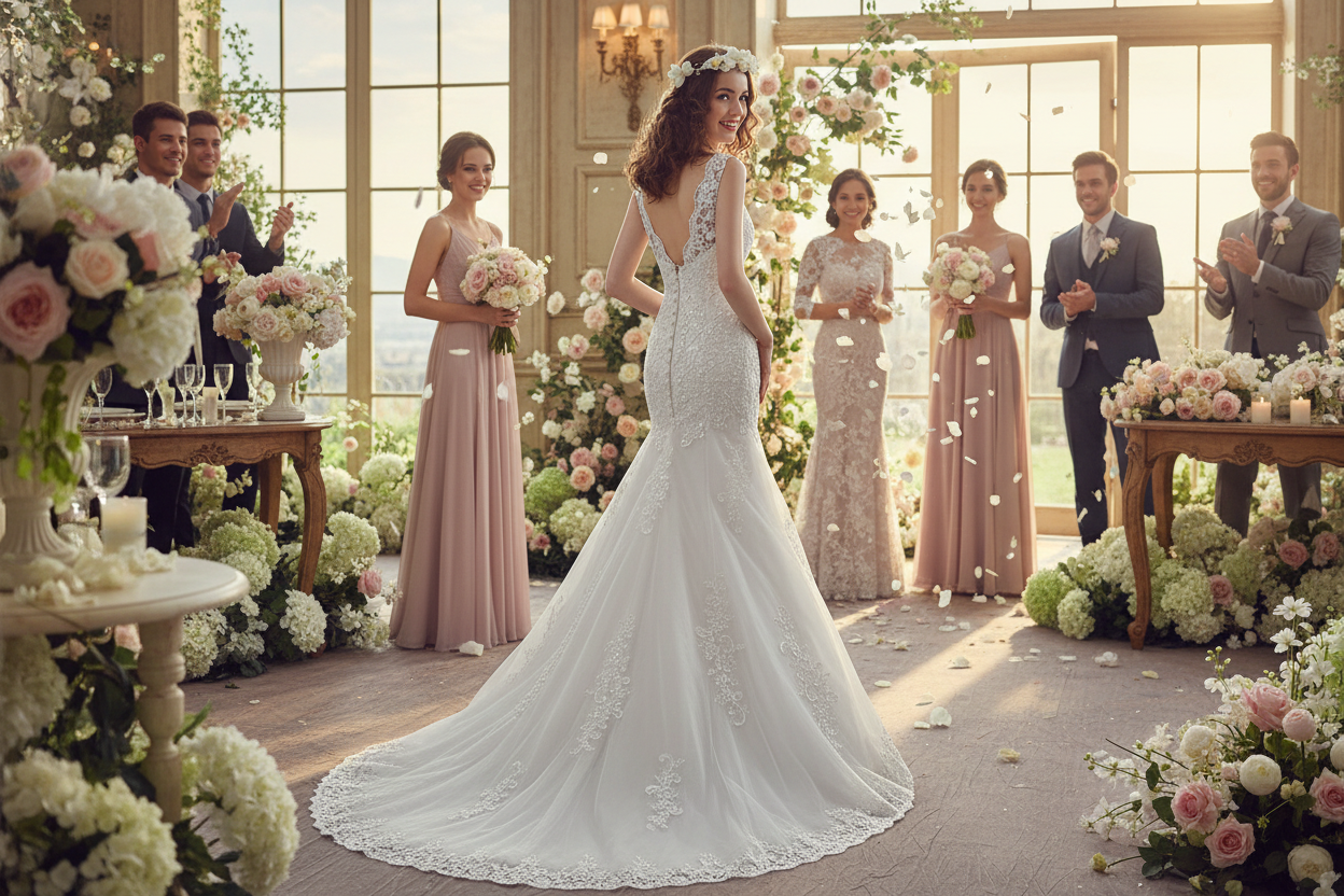 Ivory lace mermaid wedding dress with lace straps, V-shaped back detail, long skirt