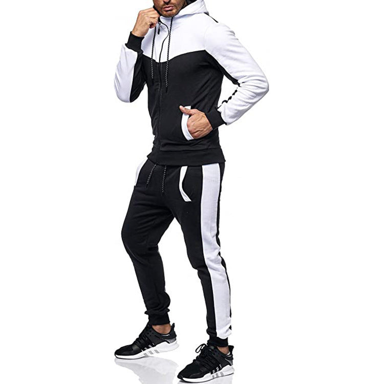Men's hooded color block cardigan set in white and black, zip hoodie and striped joggers