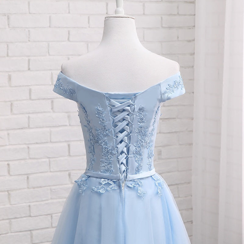 Light blue off-shoulder evening dress with embroidered lace and crisscross back lacing