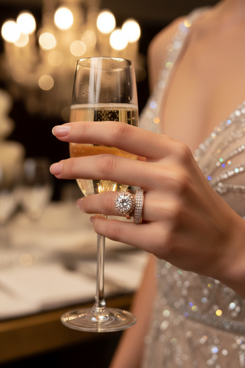 Diamond-style ladies ring with large round center stone and sparkling pavé halo