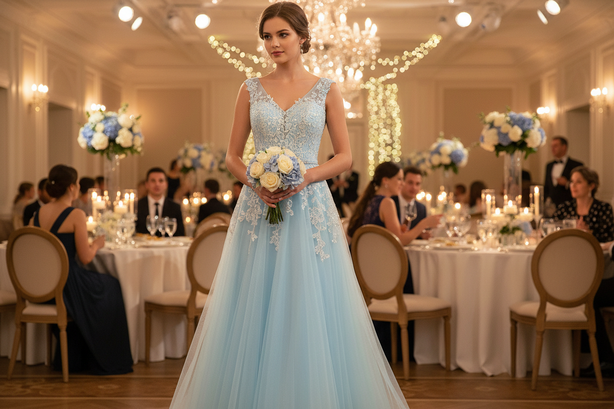 Long light blue lace V-neck sleeveless evening dress with fitted bodice and flowing tulle skirt