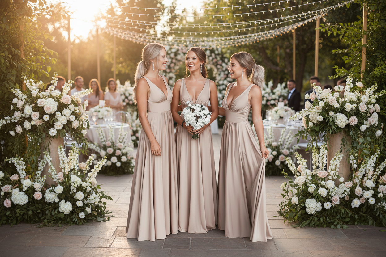 Deep V bridesmaid maxi dress with thin straps, gathered waist, light gold fabric