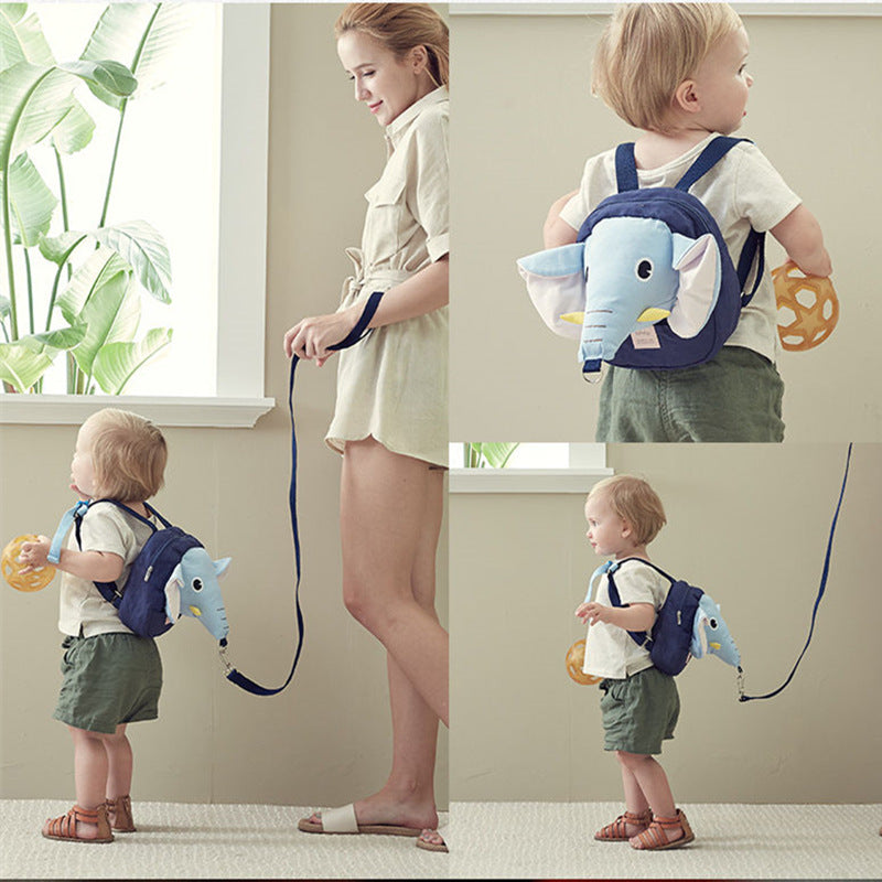 Blue baby anti-lost backpack with animal face and safety rope