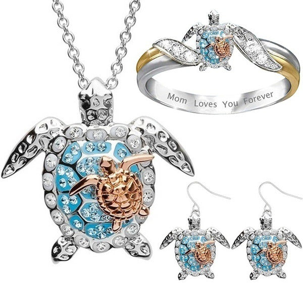 Turtle jewelry set: pendant necklace, matching ring, and drop earrings