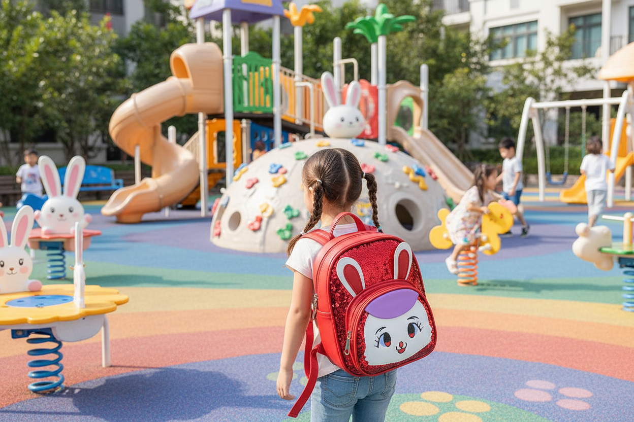 Red girl backpack with bunny face graphic and curved front pocket