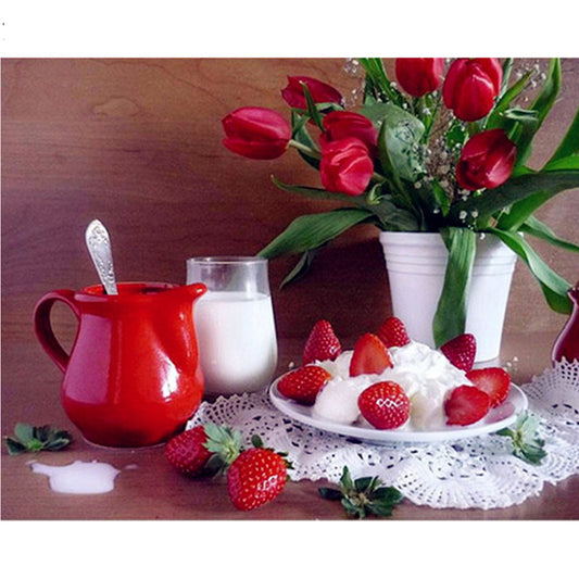 Embroidered diamond paintings, rhinestone mosaics, red strawberry cups, wall