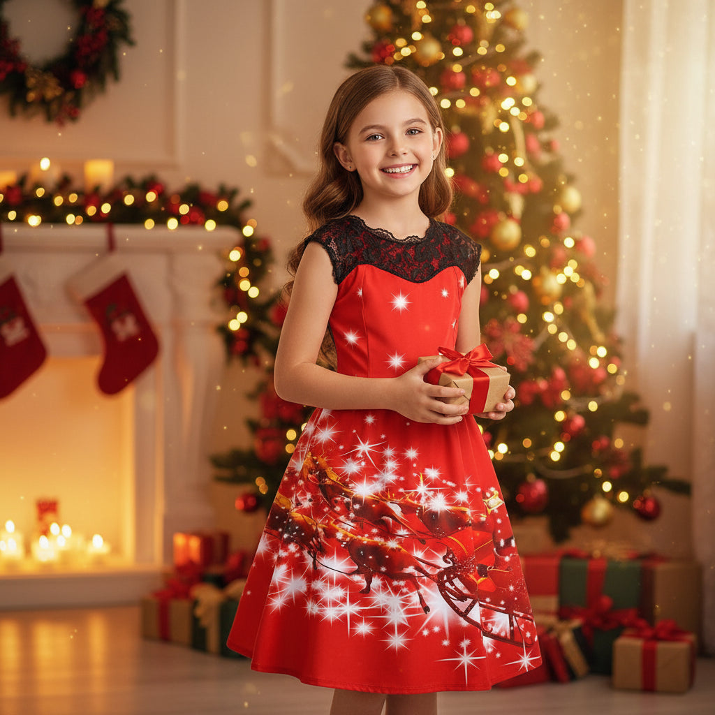 Christmas Lace Print Fashion Dress