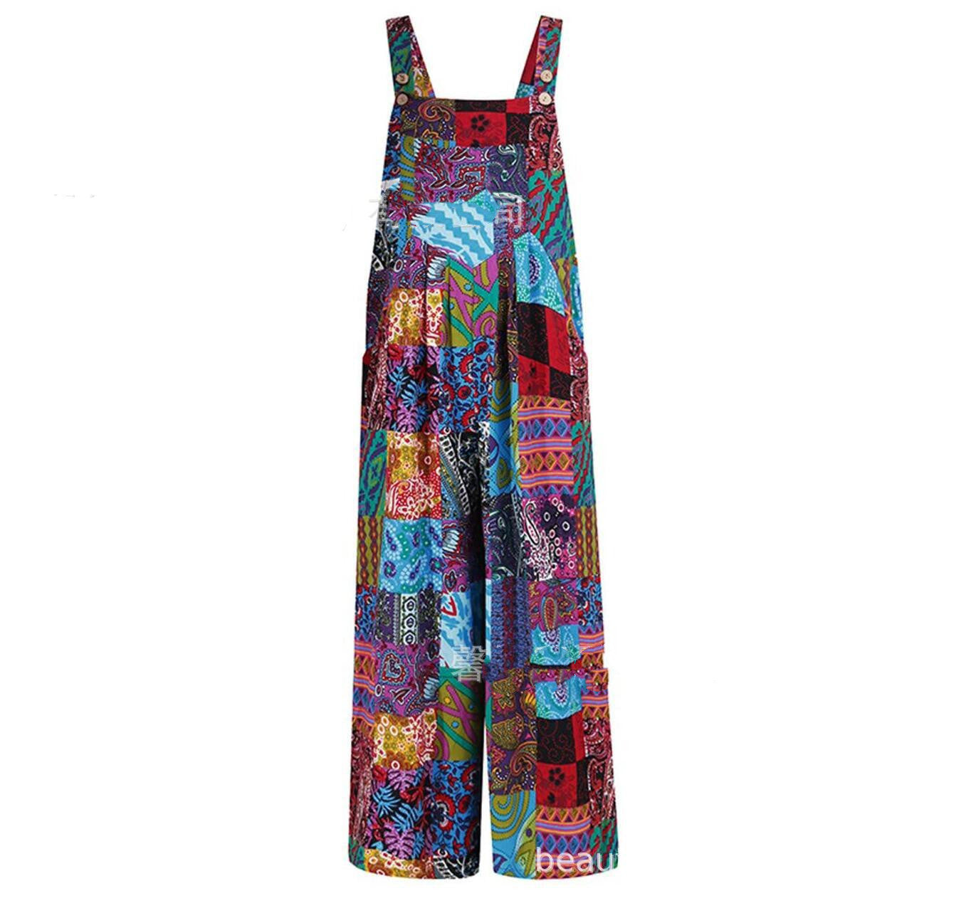 Colorful patchwork printed suspender jumpsuit with square neckline, button placket, wide legs