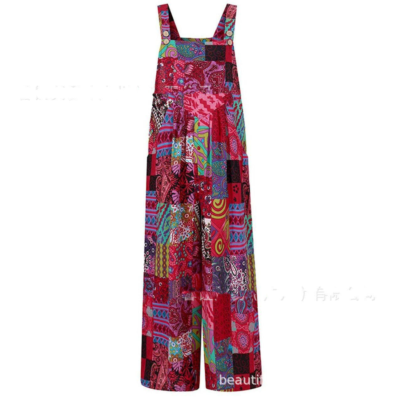 Colorful patchwork printed suspender jumpsuit with square neckline and wide pant legs