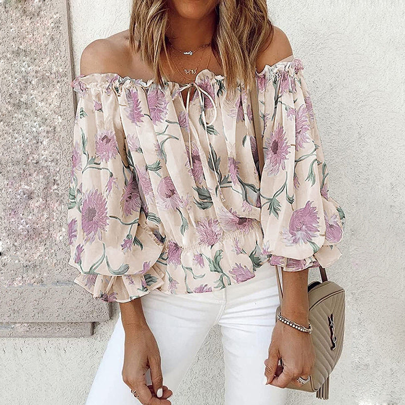 Womens Summer Off Shoulder Blouse Floral Print Ruffle Sleeve Casual Chiffon Tops Shirts
