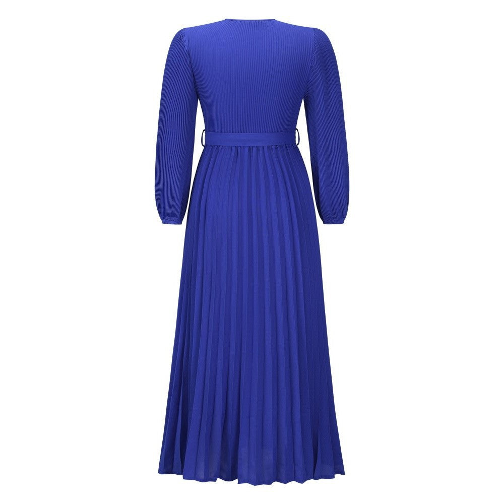 Blue V-neck long-sleeve pleated A-line mid-length dress with waist tie, back view