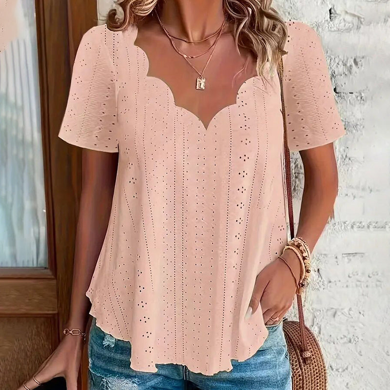 Women's Summer Scallop Trim V Neck Eyelet T-Shirt Short Sleeve Top Dressy Casual Tunic Blouses