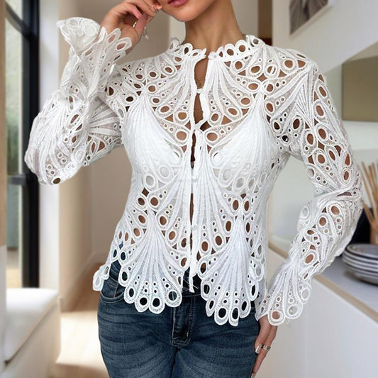 Women's Sexy Lace Hollow Out Blouse - Round Neck Button Front Long Flared Sleeve Top