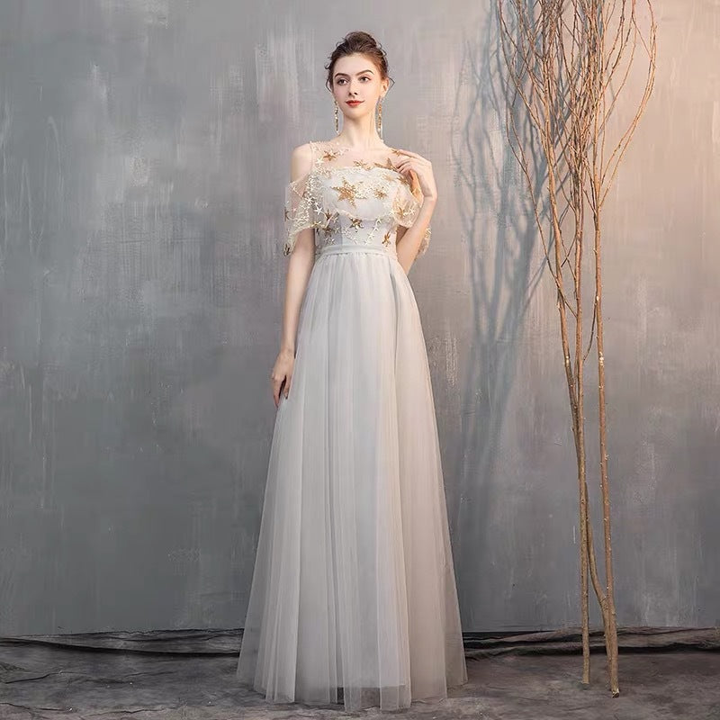 Champagne Gray Off-shoulder Slim-fit Bridesmaid Dress