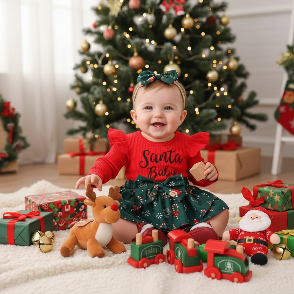 Sunken Stripe Flounced Sleeve Letter Embroidery Santa Claus Printed Dress