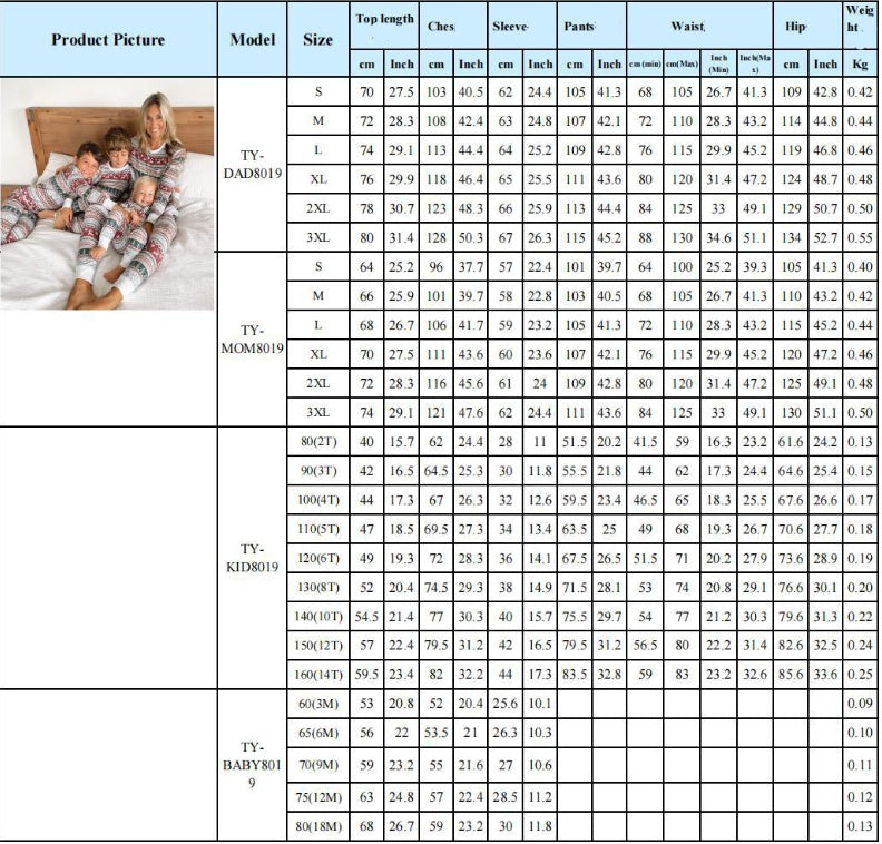 Size chart table for family sleepwear set with model and garment measurements