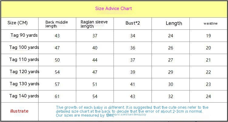 Children's sun protection clothing set size chart, measurements in cm