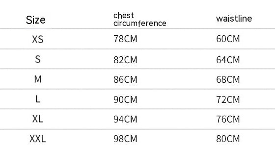 Size chart listing XS–XXL with chest circumference and waistline measurements