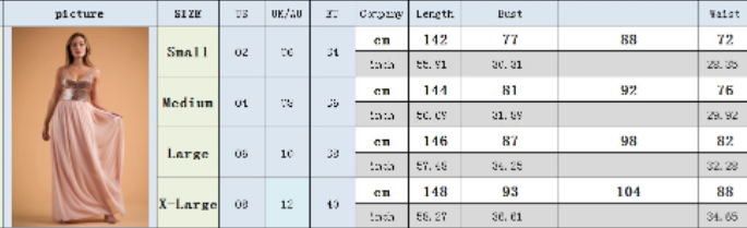 Sleeveless V-neck wedding bridesmaid dress size chart with size and measurements