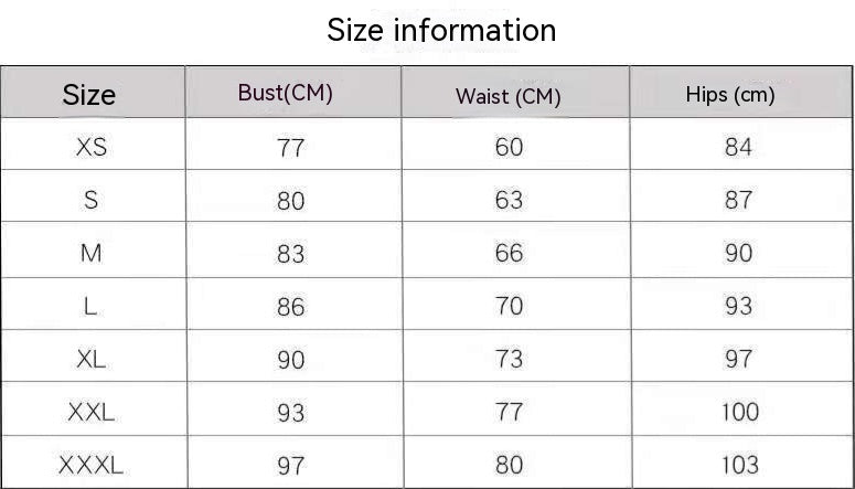 Size information chart with bust, waist, and hips measurements for multiple sizes