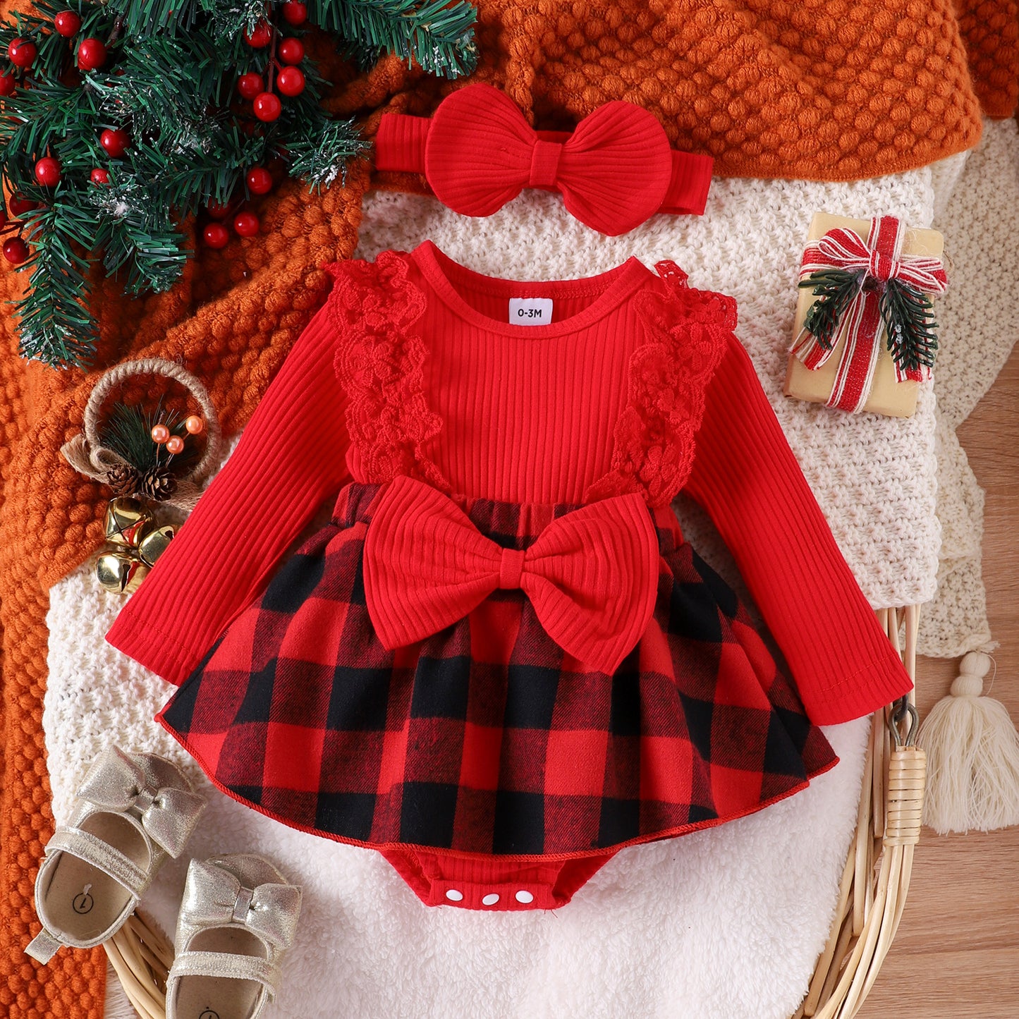 Children's Girl Baby Christmas Pit Stripe Spliced Lace Plaid Triangle Set