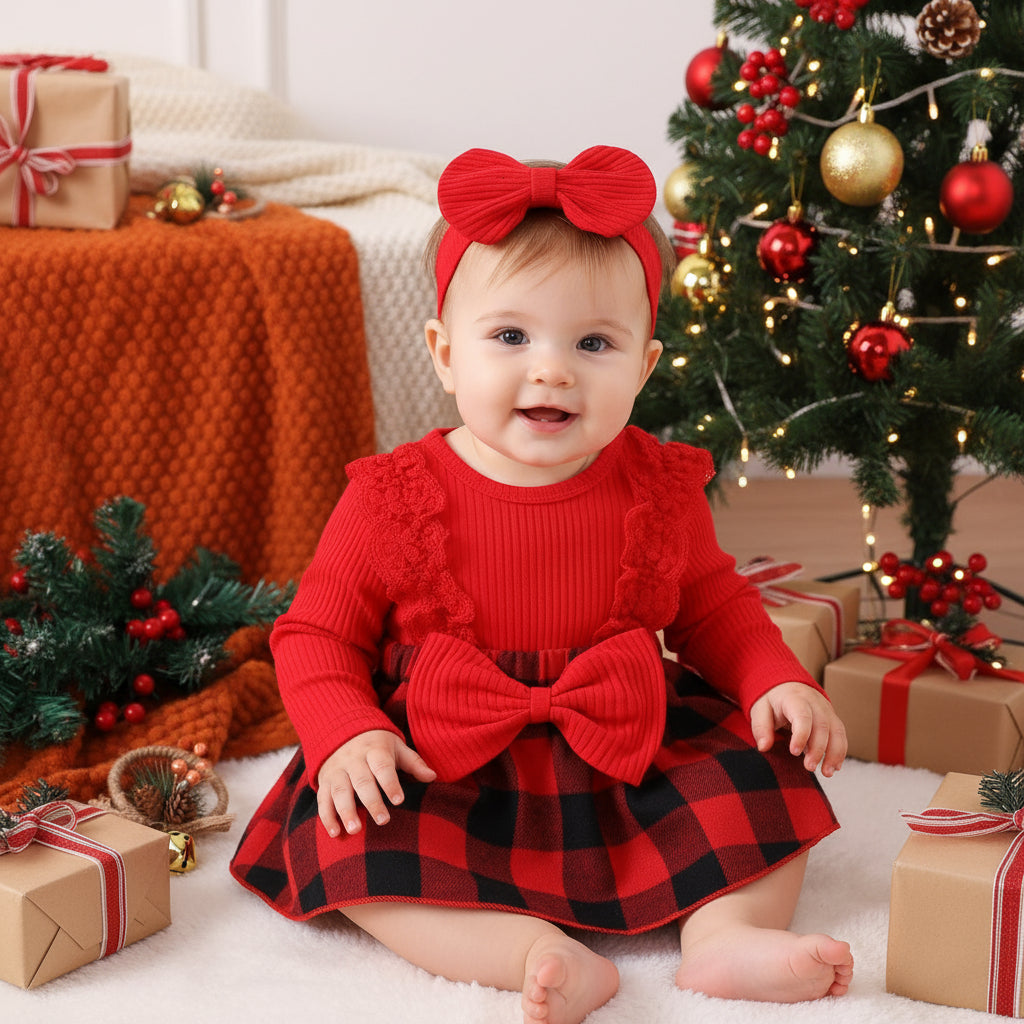 Children's Girl Baby Christmas Pit Stripe Spliced Lace Plaid Triangle Set