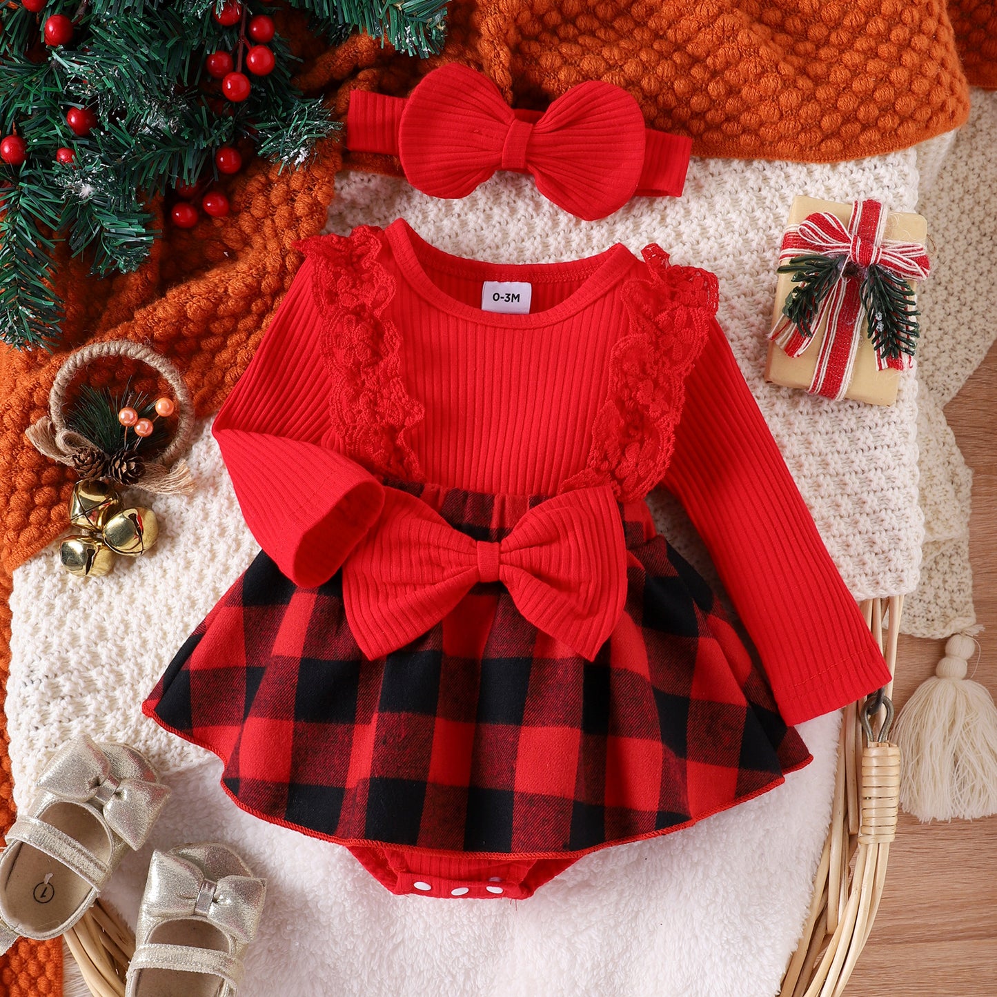 Children's Girl Baby Christmas Pit Stripe Spliced Lace Plaid Triangle Set