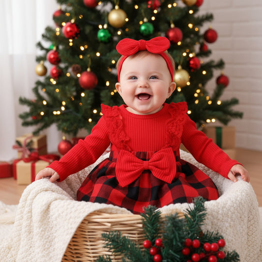 Children's Girl Baby Christmas Pit Stripe Spliced Lace Plaid Triangle Set