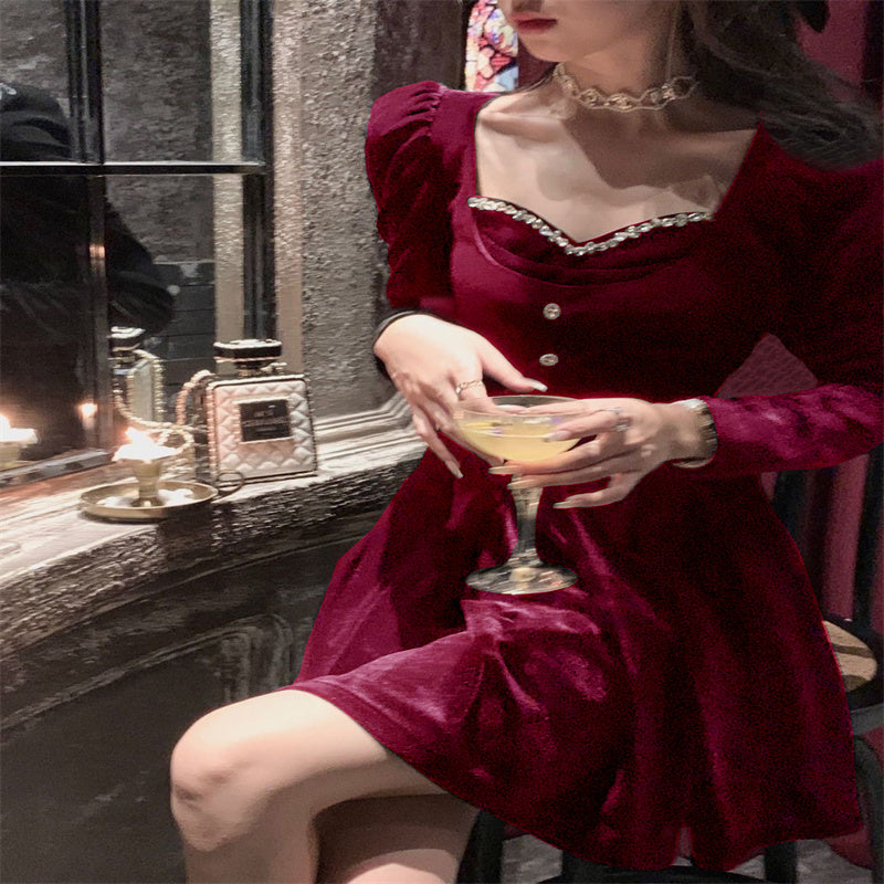 Wine red velvet dress with jeweled V-neck trim and button front, long sleeves
