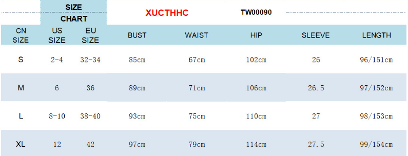 Women’s dress size chart with bust, waist, hip, sleeve, and length measurements