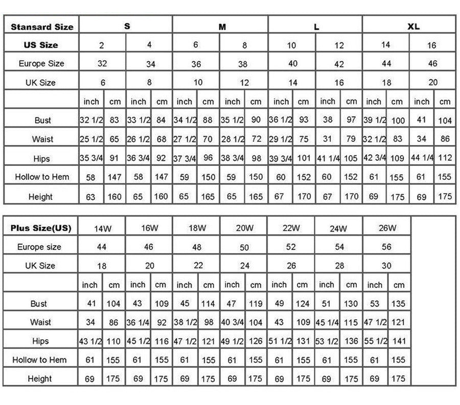Wedding dress size chart with bust, waist, hips, and hollow-to-hem measurements