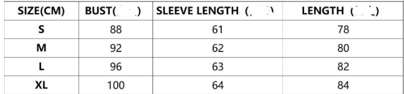 Size chart: bust, sleeve length, and length for S, M, L, XL in cm