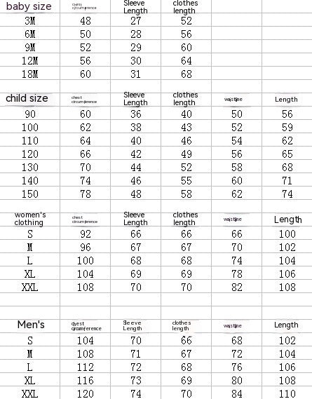 Sleepwear sizing chart table with size ranges for chest, sleeve, clothes length, weight