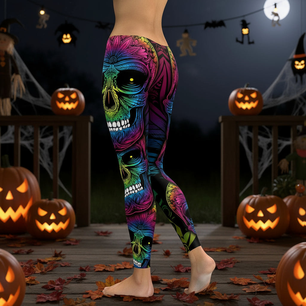 Rainbow Skull Women Plus Size Leggings Workout Casual High Waist Slim Leggings