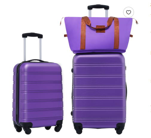 Hard-shell suitcase set in purple, with wheeled small and large cases and beige strap tote