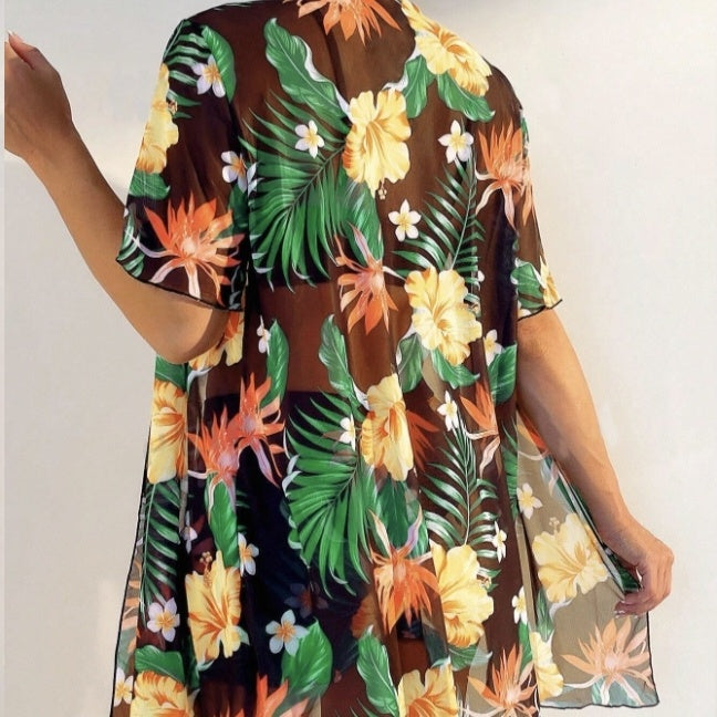 Women's Beach With Floral Print Loose Shirt Top And Pants Two-piece Set