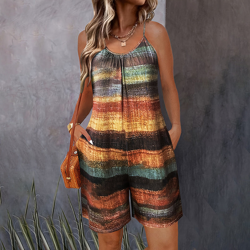 Women's Summer Casual Print Sleeveless Rompers Loose Spaghetti Strap Shorts Jumpsuit With Pockets