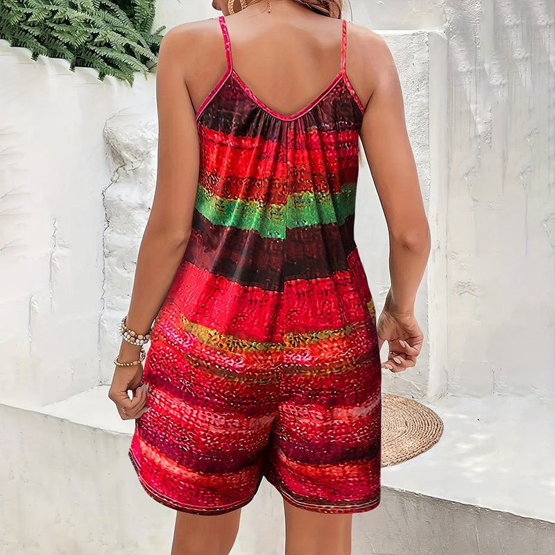 Women's Summer Casual Print Sleeveless Rompers Loose Spaghetti Strap Shorts Jumpsuit With Pockets
