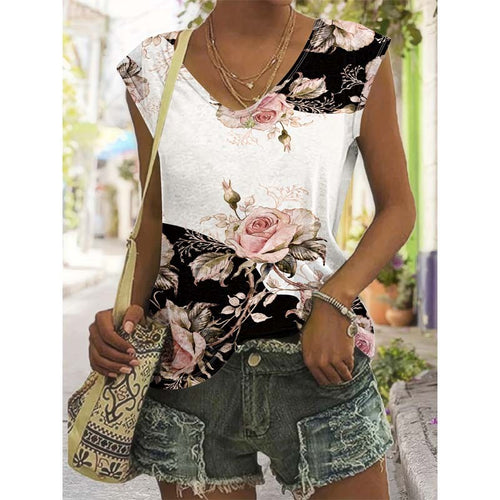 Women's Floral Print V Neck Short Sleeve T-Shirt Vacation Summer Top For Holiday & Travel