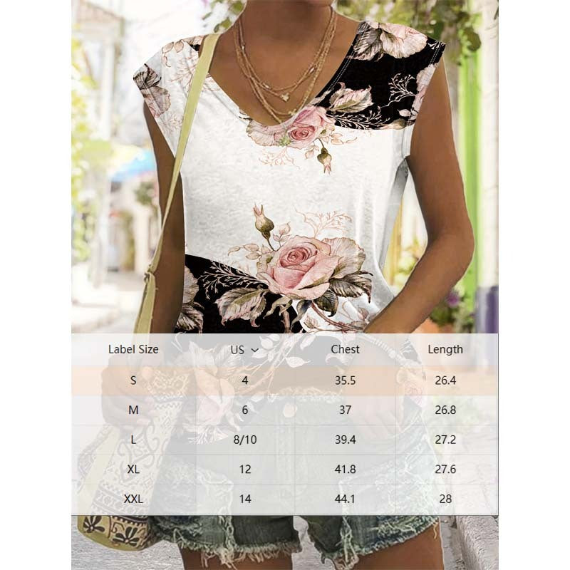 Women's Floral Print V Neck Short Sleeve T-Shirt Vacation Summer Top For Holiday & Travel