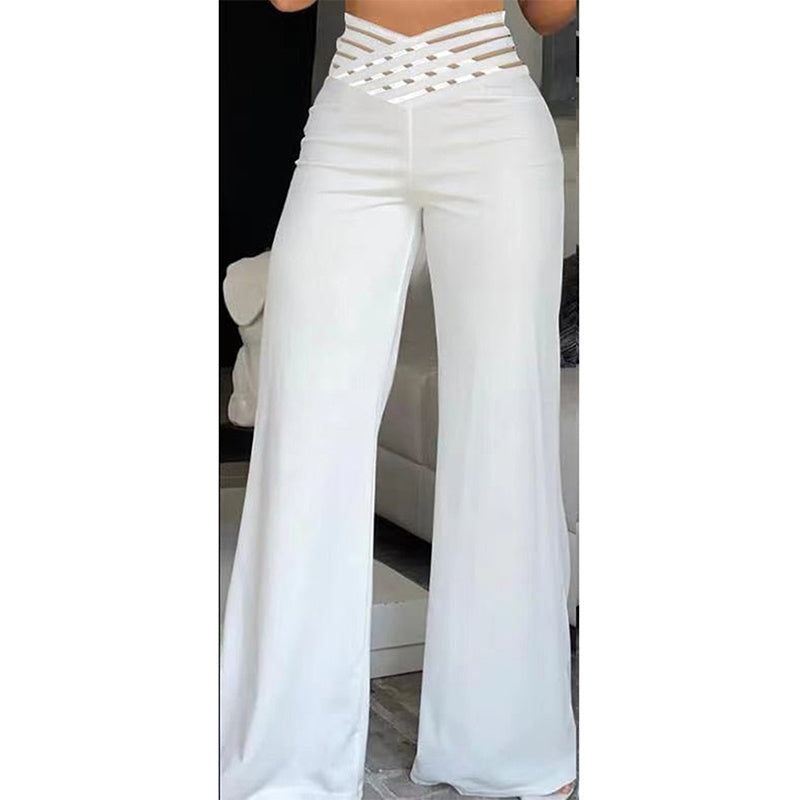 White high-waist mesh patchwork flare pants with crisscross cutout waistband, full length