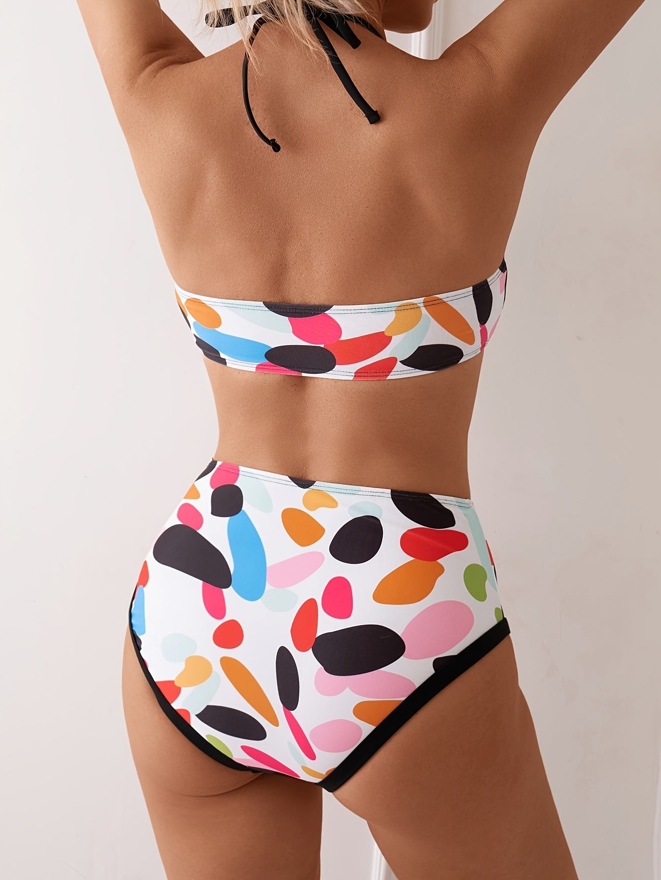 Women's Bikini Set, Sexy Round Ring Neck Tie, Random Print Swimsuit, Vacation Style