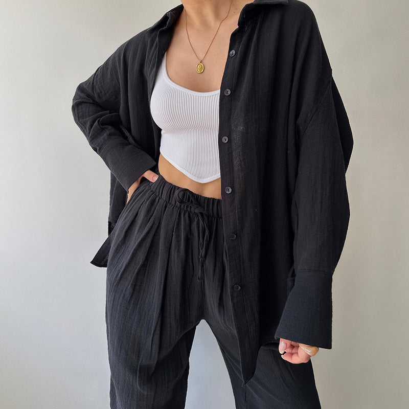 Women's Solid Color Lapel Collar Long Sleeve Shirt & High-Waist Pants Set - Casual Loose Fit