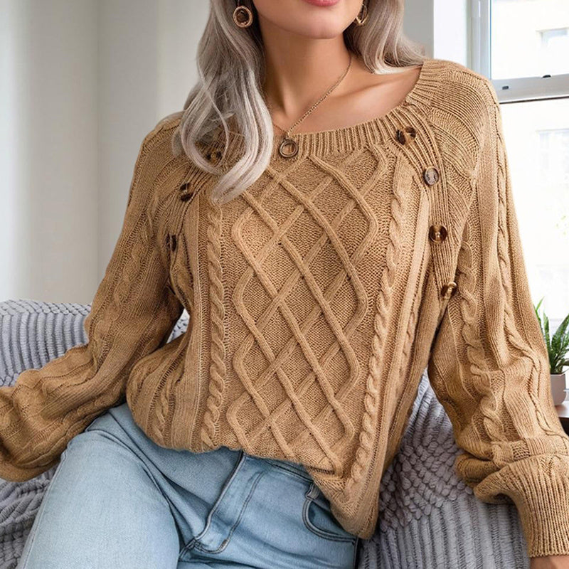 Women's Solid Color Casual Square Neck Button-Detail Knit Top - Textured Ribbed Pattern