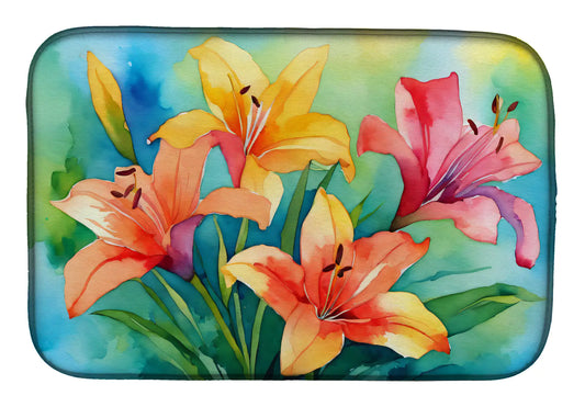 Lilies in Watercolor Dish Drying Mat