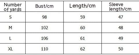 Size chart table showing yards, bust, length, and sleeve length for S–XL