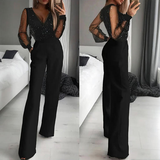 Women's Sexy Solid Color Deep V-Neck Tulle & Sequin Straight Leg Jumpsuit With Pockets