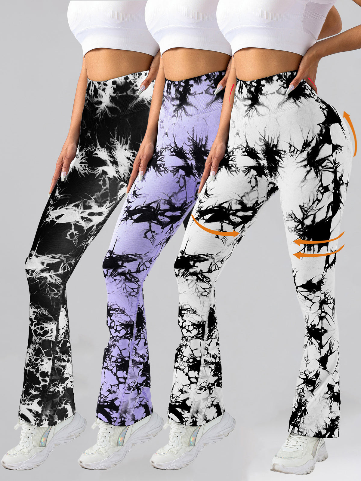 3-pack high-waisted tie-dye seamless leggings in black, lavender, and white