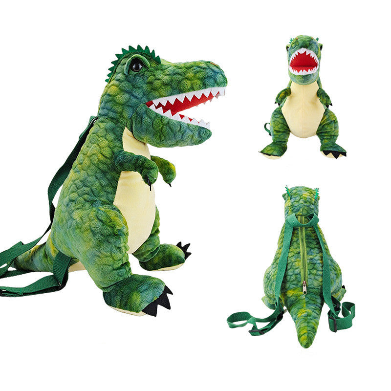 Green plush dinosaur backpack with red-trimmed mouth and matching back straps, two views